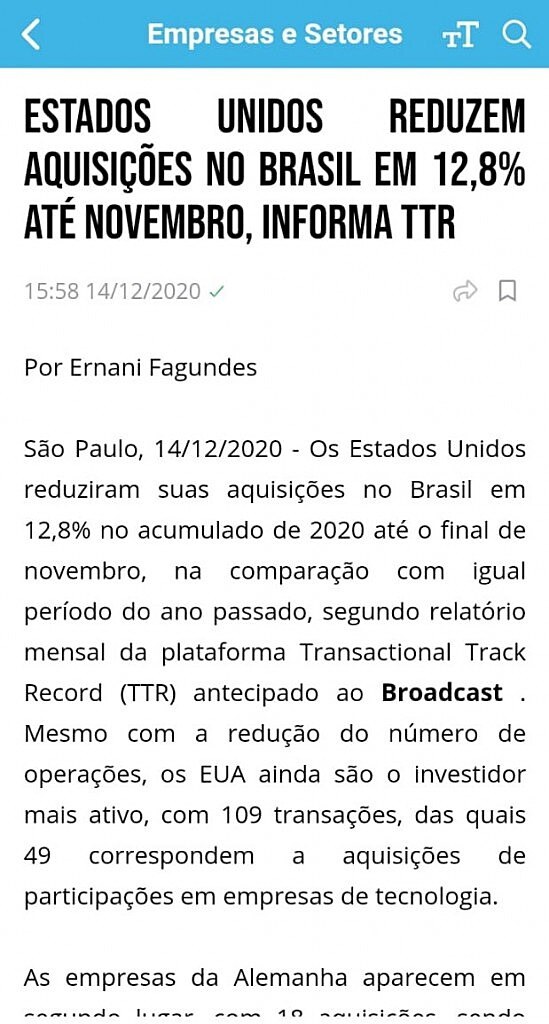 Estados Unidos reduzem aquisies no Brasil em 12,8% at novembro, informa TTR